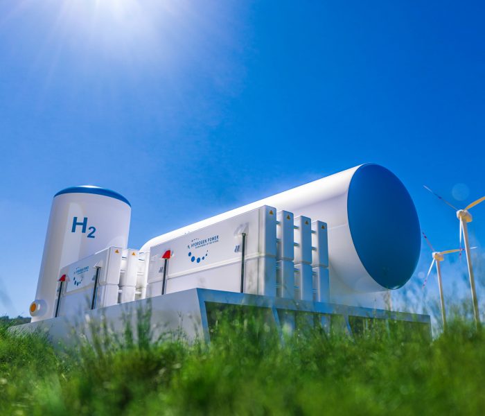 Hydrogen renewable energy production - hydrogen gas for clean electricity solar and windturbine facility. 3d rendering.